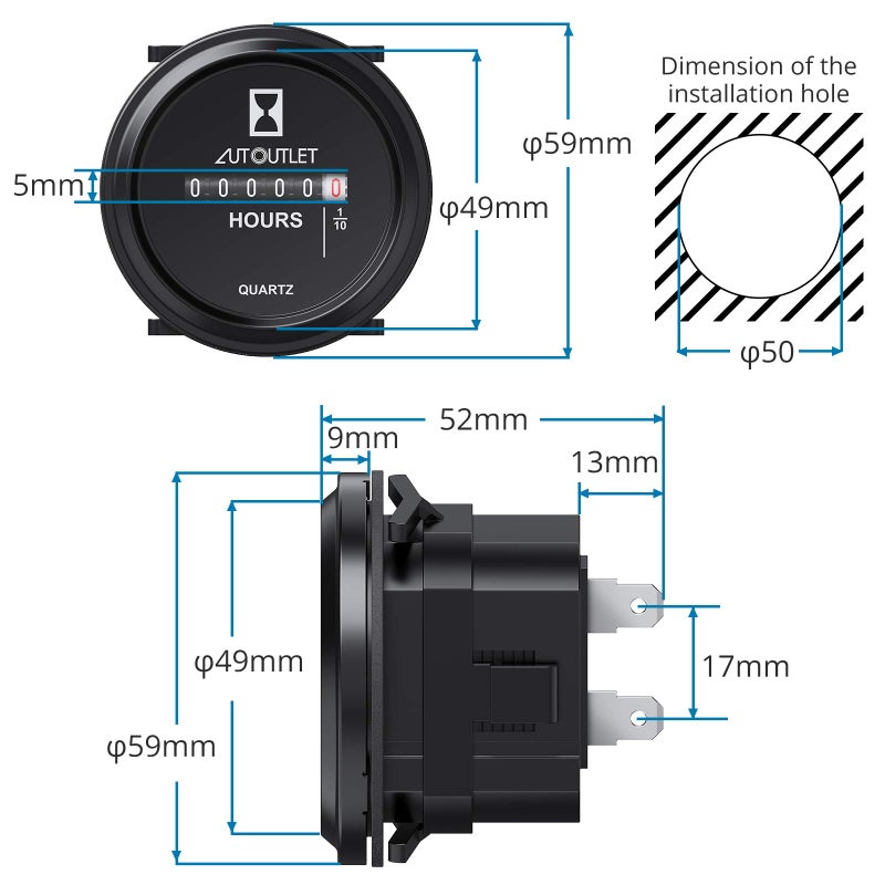 AUTOUTLET عداد ساعات أوت أوتليت كواتز 2" جولة مقياس مقاوم للماء مؤقت صناعي DC 12V 24V 36V 48V 72V 99,999.9 ساعة، 0.01 كواتز لمحرك قارب بحري - Image 3